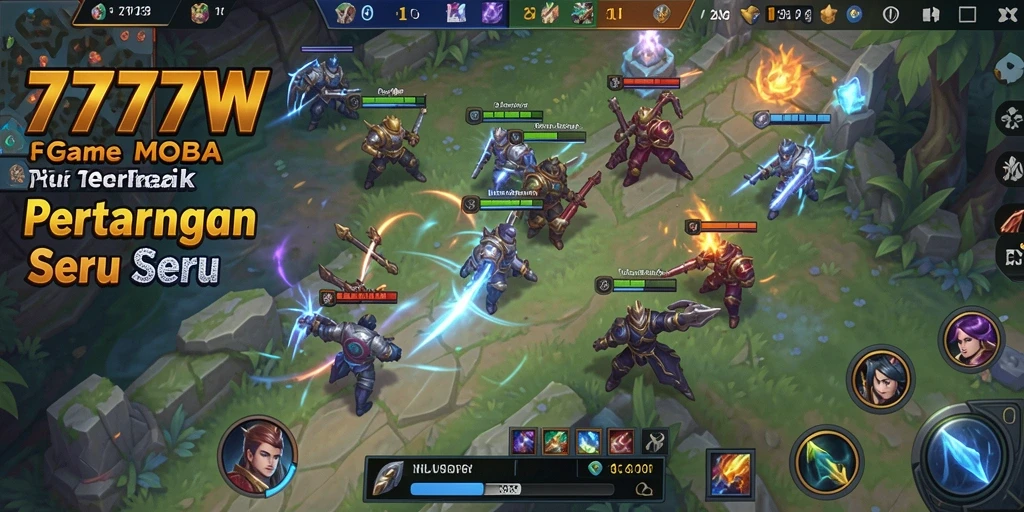 Screenshot utama 7777W menampilkan aksi gameplay MOBA yang seru.