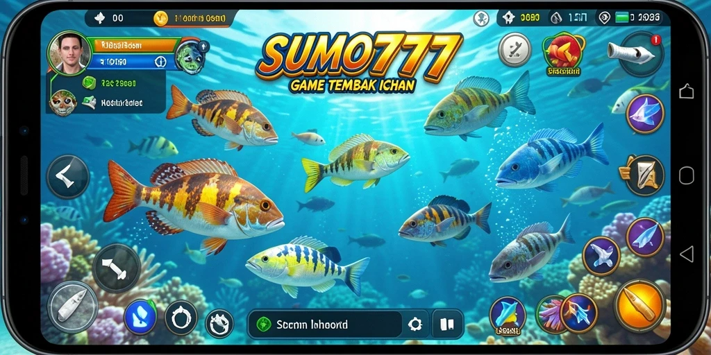 Tangkapan layar gameplay SUMO777 menampilkan aksi menembak ikan yang seru.